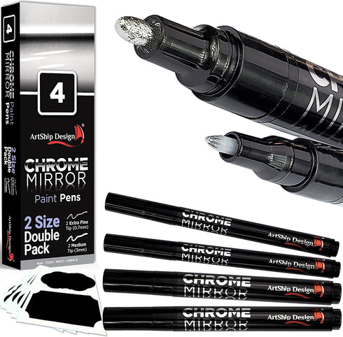 ArtShip Design 4 Chrome Mirror Paint Pens Double Pack of Both Extra Fine & Medium Tip Markers for Models, Cards, Posters, Rock Painting, Mugs, Cer...