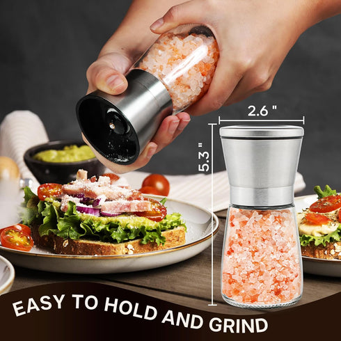 Stainless Steel Salt and Pepper Grinder Set of 2 - Pepper Mill & Salt Mill with Adjustable Coarseness - Glass Spice Shakers - Easy Clean Ceramic G...