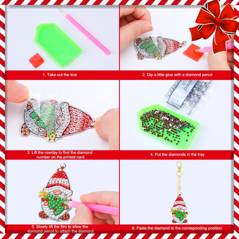 Tudomro 24 Pcs Christmas Diamond Painting Keychains Kit DIY Diamond Painting Ornaments Diamond Art Keychains Hanging 5D Key Ring Rhinestone Pendan...
