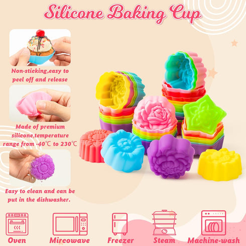 R HORSE 42 Pack Silicone Molds Cupcake Multi Flower-Shaped Baking Cups Multi Color Cupcake Liners Nonstick Muffin Baking Mould Reusable Muffin Cup...