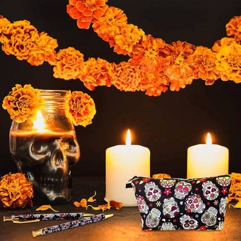 12 Pcs Sugar Skull Pens with Pencil Case Ballpoint Pens Retractable Click Ball Pens Sugar Skull Gifts Skull Pouch with Zipper for Cinco de Mayo Ch...