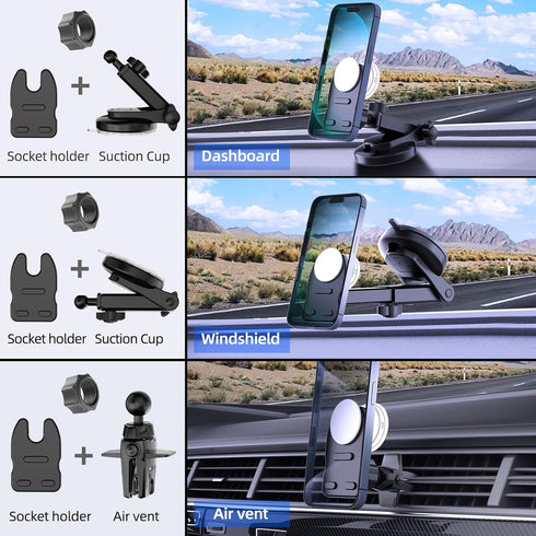 Socket Car Mount for Dashboard Air Vent Windshield,Car Phone Holder for Socket Grip with 2 Mounts,3 in 1 Stable Air Vent Clip Powerful Suction Cup...
