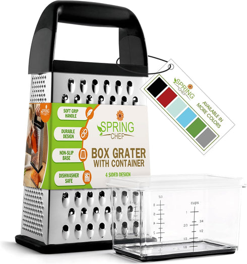 Spring Chef Professional 10" Parmesan Cheese Grater With Container, Stainless Steel & Soft Grip Handle, 4 Sided Kitchen Cheese Shredder, Handheld ...