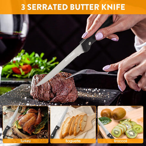 KITWARE Steak Knives Set in Gift Box,4.5 inch Sharp Steak Knives Set of 6, Serrated Edge Knife with Black Handle,Stainless Steel Knifes for Bread,...