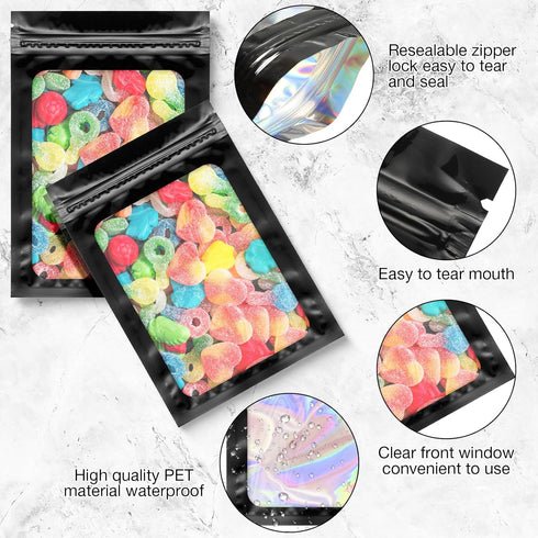 Marspark 200 Pieces Foil Bags 3 x 4.7 Inch Resealable Foil Bags with Clear Window Zipper Lock Black Packaging Pouch for Food Storage Sample Beans ...