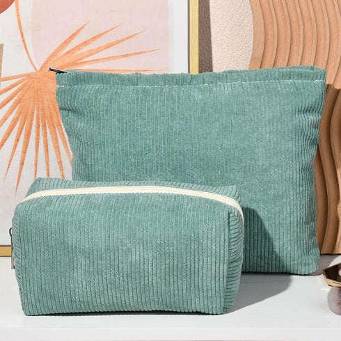 2 Pieces Corduroy Green Makeup Bag Large Corduroy Cosmetic Bag Capacity Canvas Travel Toiletry Bag Organizer Cute Makeup Brushes Aesthetic Accesso...