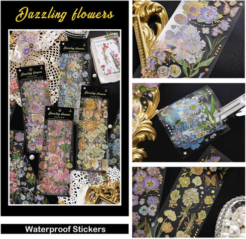 Vintage Flowers Stickers Set for Journaling - Maxleaf 12Sheets Clear Waterproof 3D Flowers Scrapbook Supplies Gold Foil Stickers Pack for Art Bull...