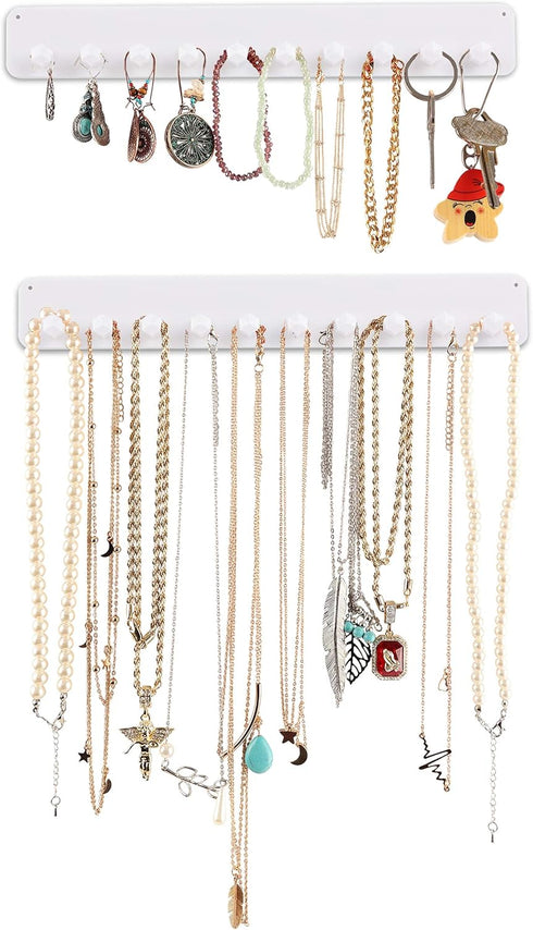 Boxy Concepts 2-Pack Necklace Organizer & Jewelry Storage - 10.5 in x 1.5 in White Wall-Mount Hanging Jewelry Organizer - 10 Hooks for Necklaces, ...