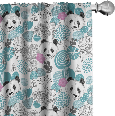 Lunarable Panda Window Curtains, Portraits of Chinese Bears on Sketch Flowers and Abstract Circular Shapes, Lightweight Decor 2-Panel Set with Rod...