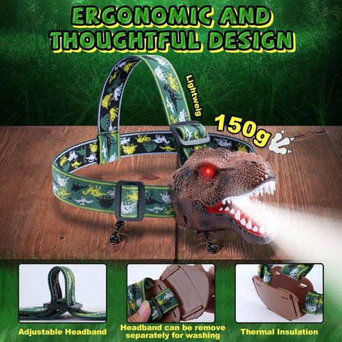 Dinosaur Headlamp for Kids Flashlight Rechargeable Led Headlights Roar & Silent Mode, T-Rex Dinosaur Toys, Camping Gear, Gifts for Boys Girls Adul...