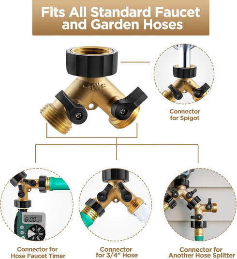 IPOW Solid Brass Body Backyard 2 Way Y Valve Garden Hose Connector Splitter Adapter + Extra 4 Rubber Hose Washers with Comfort Grip, 2 Pack...