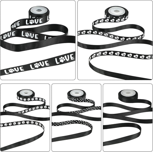 HUIHUANG Paw Print Bone Satin Ribbon Assortment - Black and White, 3/8" & " 5/8" Inch, 10 Rolls 50 Yards - Assorted Ribbon for Crafts, Dog Party S...