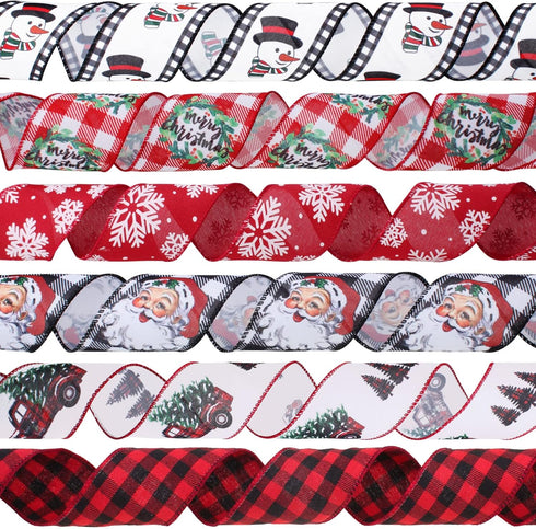 Christmas Ribbon Wired 2.5 Inch,6 Roll 30Yards Christmas Wired Ribbon,Incl. Santa/Snowman/Snowflake/Christmas Buffalo Plaid Ribbon for Wreaths Bow...