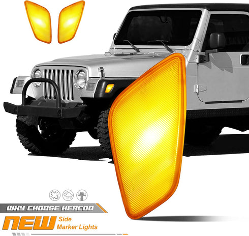 HERCOO LED Park Signal Side Marker Lights Lamps Cover Lens Amber Bulbs Driver and Passenger Front Marker Light Housing Assembly Compatible with Je...