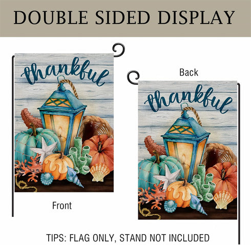 Thankful Nautical Pumpkin Lantern Home Decorative Garden Flag, Thanksgiving Yard Lawn Fall Coastal Outside Decor, Autumn Farmhouse Beach Outdoor S...