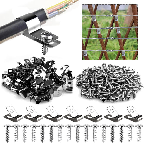 100 Pcs Fence Wire Clamps Stainless Steel Fencing Mounting Clips with 100 Pcs Stainless Steel Screws for 12-16 Gauge Welded Wire to Wood, Metal or...