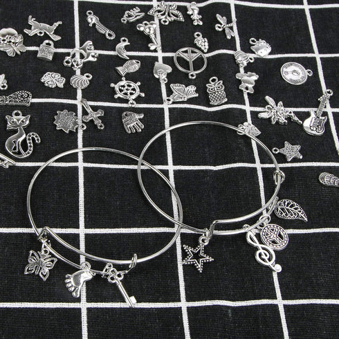 Charm Bracelet Making Kit,UPINS 30Pcs Silver Expandable Blank Bracelets Adjustable Wire Bangles with 100Pcs Tibetan Silver Charms, 200Pcs Open Jum...