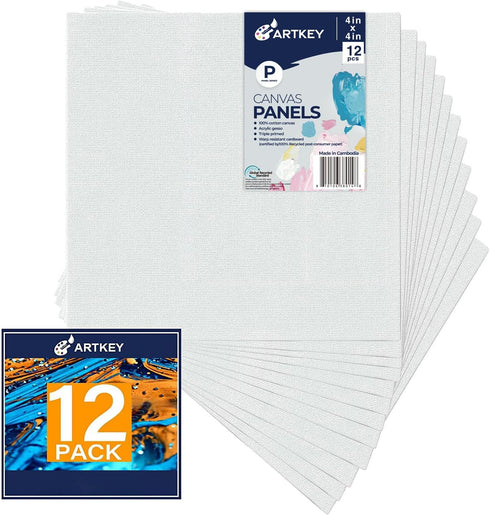Canvas Panels 4x4 Inch 12-Pack, 10 oz Primed 100% Cotton White Blank Small Canvases for Painting, Square Flat Canvas Board for Oil Acrylics Waterc...