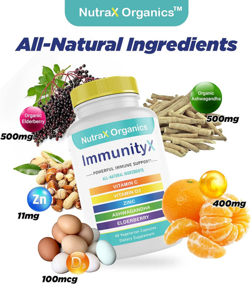 All-in-One Organic Immune Support Supplement 60 Vegan Capsules - Elderberry 500mg, Ashwagandha 500mg, 400mg Vitamin C and Zinc - Vitamin D3 - Immu...
