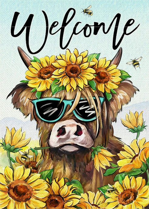 Welcome Spring Summer Highland Cow Decorative Garden Flag, Farm Animal Sunflower Floral Flower Yard Outside Decorations, Bee Farmhouse Rustic Outd...