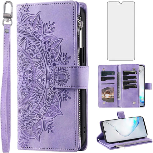 Asuwish Phone Case for Samsung Galaxy Note 10 5G Wallet Cover with Tempered Glass Screen Protector Wrist Strap Mandala Flower Flip Zipper Card Hol...