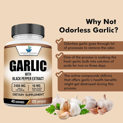 American Standard Supplements Garlic 2400mg Per Serving with Black Pepper Fruit Extract – Vegan, Gluten Free, Non-GMO, 120 Capsules, 40 Servings...