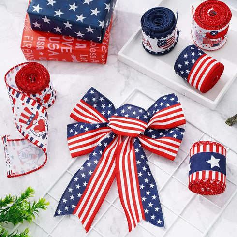 Whaline 30 Yards Patriotic Wired Edge Ribbon 4th of July Star Strip Burlap Ribbon Red Blue White American Flag Truck Gnome Wrapping Ribbon for Ind...