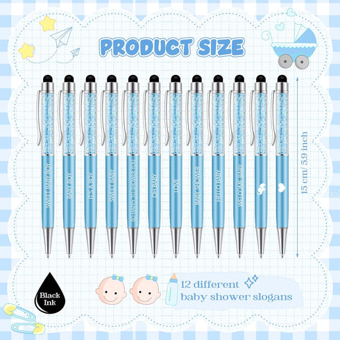 BBTO 12 Pcs Baby Shower Pens It's a Boy/Girl Baby Ballpoint Pen Crystal Pen Quotes Pen Screen Touch Stylus Tip Pen Retractable Black Ink Pen for B...