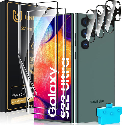 UniqueMe [ 2+3 Pack Compatible with Samsung Galaxy S22 Ultra Screen Protector, 5G 6.8 inch Flexible TPU, 3 Pack Camera Lens Protector [Support Fin...