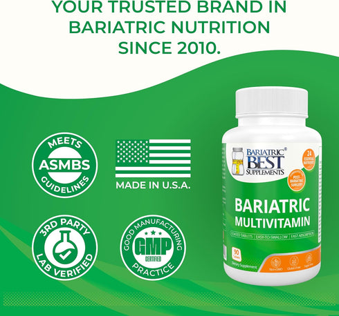 Bariatric Multivitamin with Iron for Post-Gastric Bypass & Sleeve Surgery, Energy Supplements, 90 Tablets, 24 Essential Nutrients, Formulated by B...
