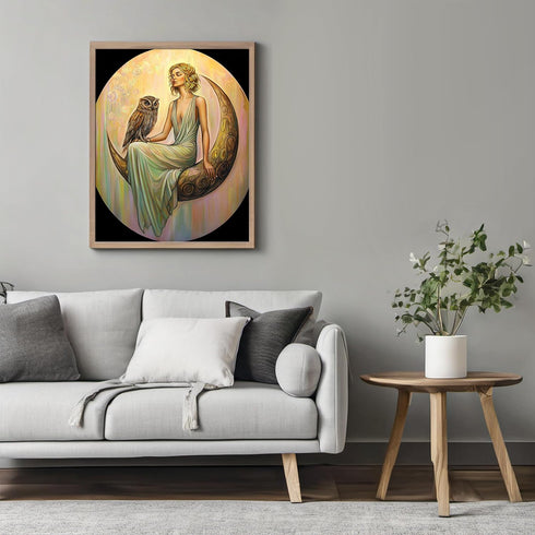 Posterizer 1 pcs-serene woman on crescent moon with an owl-oil painting style-1-Collectibles & Fine Art-Fantasy & Fiction Art-Decor for Home & Off...