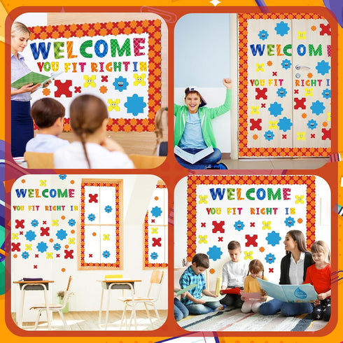 Welcome Back to School Bulletin Board with Puzzle Pieces for Classroom Welcome You Fit Right in Borders Motivational Bulletin Board Cutouts Decora...