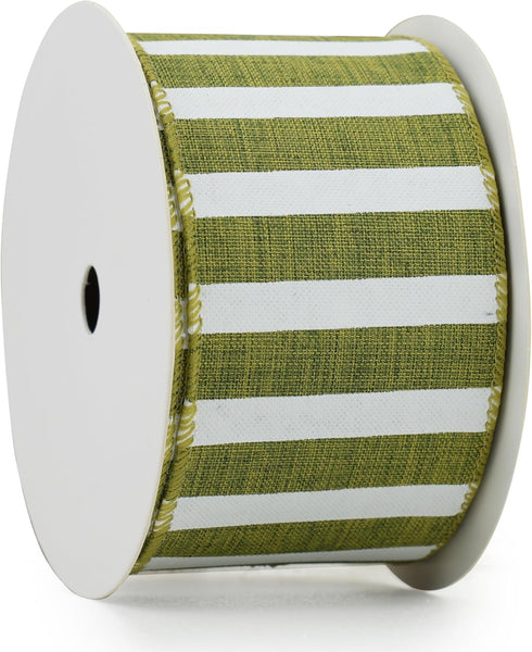 Sage Green Wired Ribbon 2.5" Horizontal White Stripe Wired Edge Burlap Ribbon Farmhouse Wire Ribbon for Wreaths Crafts Supplies Gift Wrapping Bows...