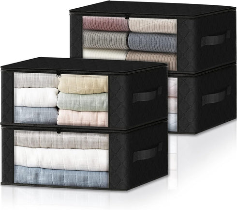 HomeHacks Storage 4-Pack Clothes Organizer Storage Bags Foldable Storage Box with Large Clear Window Sturdy Handles for Closet, Dorm, Pillows, Bed...