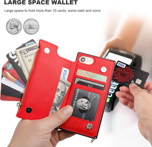Bocasal Crossbody Wallet Case for iPhone SE 2022/SE 2020/7/8 with Card Holder,Zipper Card Slot Protector Shockproof Purse Cover with Removable Cro...
