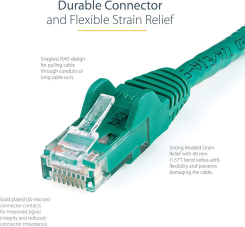StarTech.com 20ft CAT6 Ethernet Cable - Green CAT 6 Gigabit Ethernet Wire -650MHz 100W PoE RJ45 UTP Network/Patch Cord Snagless w/Strain Relief Fl...