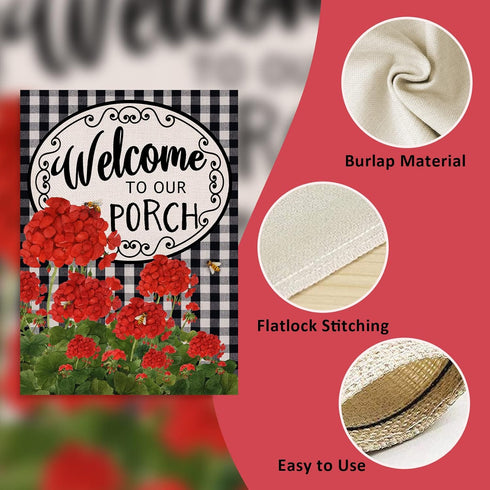 Home Decorative Welcome to Our Porch Geranium Spring Summer House Flag, Flower Black White Buffalo Plaid Check Garden Yard Outside Decoration, Fal...