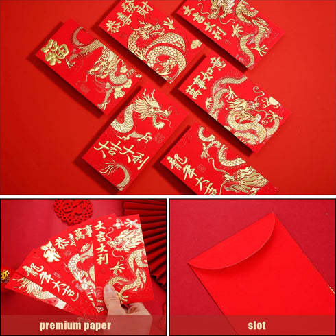 36pcs Chinese Red Envelopes, 2024 Year of Dragon Red Pocket Lunar New Year Red Packet Lai See Hong Bao with Golden Embossed Pattern Lucky Money En...