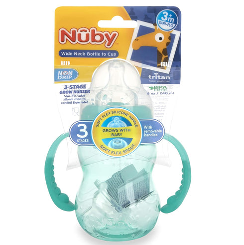 Nuby 3 in 1 Baby Bottle to Training Sippy Cup - 8 Oz Toddler Cups Spill Proof with Soft Spout, Nipple & Removable Grip Handles - Dishwasher Safe (...