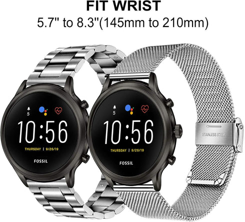 TRUMiRR Silver Band Sets for Fossil Women's Gen 5 Carlyle/Garrett/Julianna Smart Watch, 22mm Solid Stainless Steel Metal + Mesh Watchband Quick Re...