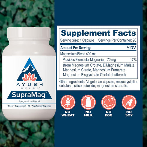 Ayush Herbs SupraMag - Magnesium Blend, 400mg Magnesium Complex Supplement with Chelated Magnesium Bisglycinate, Citrate, Ororate for Sleep, Energ...