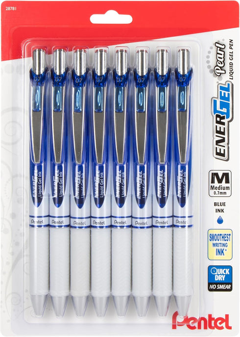 EnerGel Pearl Retractable Liquid Gel Pen, 0.7mm, Medium Line, Blue Ink, 8-Pk (BL77PWBP8C)...