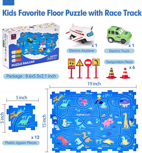 Puzzle Racer Kids Car Track Set - Toys for Ages 2-4 for Kids 3 Year Old Boy Toys Dinosaur Jigsaw Puzzle Track Car PlaySet for 3-5 with Car & Airpl...
