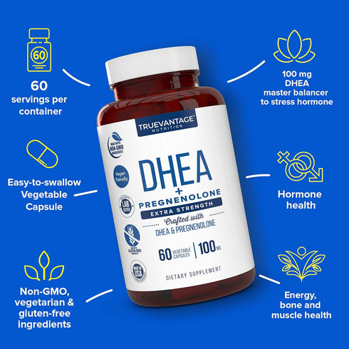 DHEA 100mg Supplement with Pregnenolone 60mg -Supports Hormone Balance, Lean Muscle Mass, Energy, Mood, Sleep, and Healthy Aging in Men and Women-...