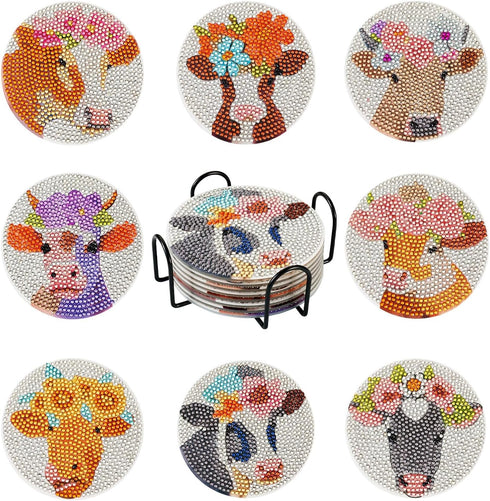 8Pcs Cattle Diamond Painting Coaster 5D Flower Pattern Diamond Painting Art Cup Mat with Holder DIY Crafts Supplies for Adult Beginner Teens...