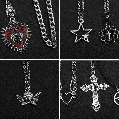 14 Pcs Grunge Goth Necklace Set Y2k Grunge Jewelry Gothic Cross Y2k Star Emo Accessories Y2k Jewelry Set for Women Men...