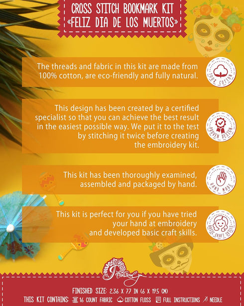 Povitrulya Counted cross Stitch Bookmark Kit 'Feliz Dia de los Muertos!' - DIY Embroidery set for Adults with Paper pattern, 16-count Aida Canvas ...