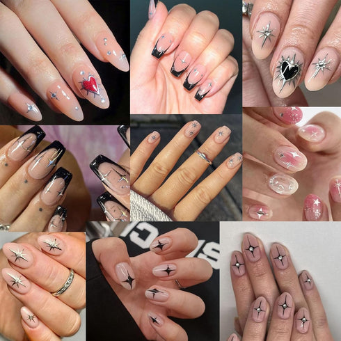Star Nail Stickers 3D Self-Adhesive Black Silver Star Nail Art Stickers Shiny Crystal Starshine with Rhinestones Nail Design Star Stickers Nail Su...