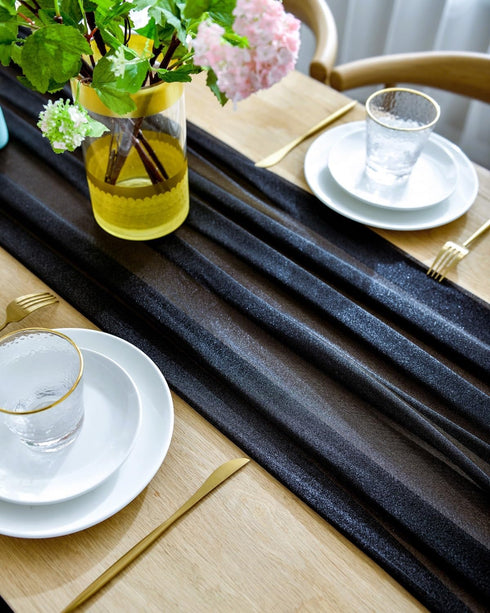 BOXAN Gorgeous Black Silky Sheer Table Runner 30x120 Inch for Romantic Wedding Decor, Chic Bridal & Baby Shower, Christmas Party Birthday Decorati...