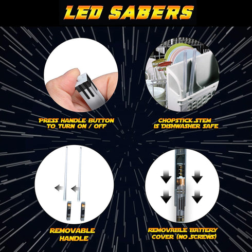 LIGHTSABER CHOPSTICKS LIGHT UP STAR WARS LED Glowing Light Saber Chop Sticks REUSABLE Sushi Lightup Sabers -Removable Handle Dishwasher Safe -Prem...